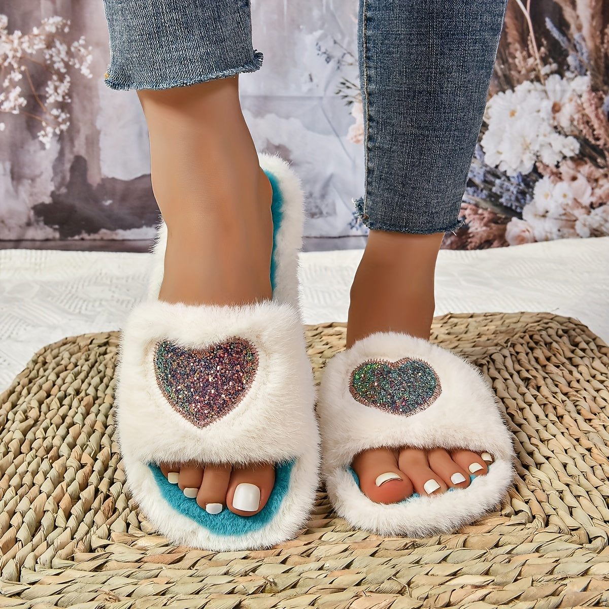 Women's Fuzzy Fabric Slippers with Rubber Sole - Winter All-Season Indoor Heart Pattern Slides with Non-Slip Grip, Comfort Plush Lining and Love Print Detail - For Women - Perfect for Cozy Indoor Wear - Ideal Gift for Her